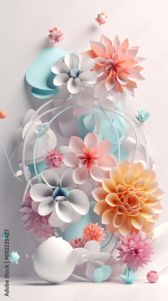 Whimsical Paper Blossoms. A creative paper flower arrangement against a pristine light background. Whimsical Paper Blossoms. A creative paper flower arrangement against a pristine light background.