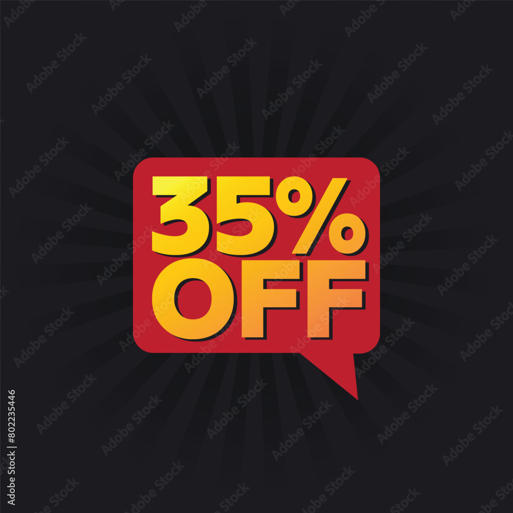 35% off sale tag. Business promotion advertising offer label, sticker. Discount banner, template, poster, social media poster. Black Background.