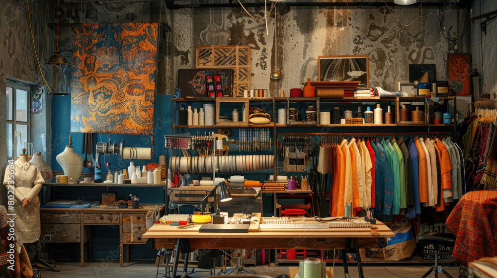 Interior of Designer Studio with Fabrics and Mannequins Interior of Designer Studio with Fabrics and Mannequins