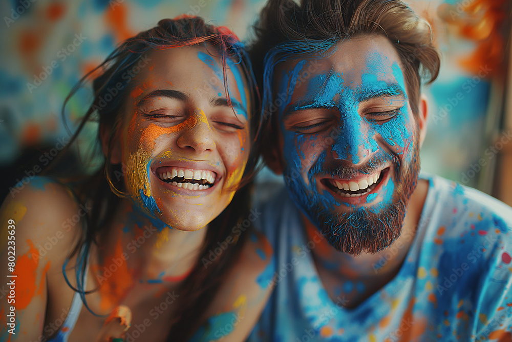 A couple's playful moment, covered in splashes of colorful paint A couple's playful moment, covered in splashes of colorful paint