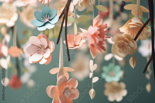 Whimsical papercraft flowers in various colors hang delicately on a wall. Generative AI photo