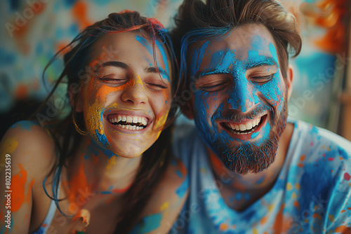 A couple's playful moment, covered in splashes of colorful paint