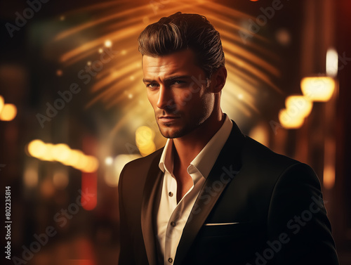 handsome man model in fashion show, businessman in suit. Wall Art Design for Home Decor, 4K Wallpaper and Background for desktop, laptop, Computer, Tablet, Mobile Cell Phone, Smartphone, Cellphone