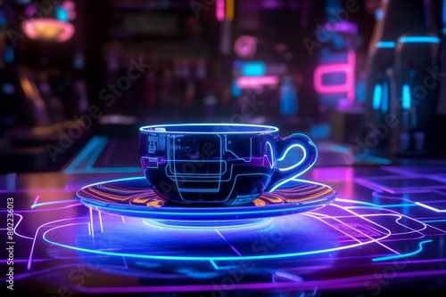 A stylish coffee cup rests gracefully on a saucer, blending cyberpunk vibes with a touch of Star Wars inspiration. Generative AI