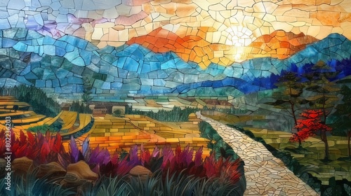 Chineese nature Mosaic , rice field, Stained Glass Illusion
