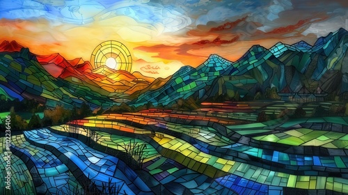 Chineese nature Mosaic , rice field, Stained Glass Illusion
 photo