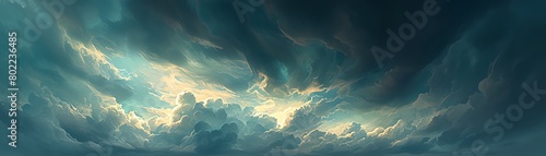 Capture a dramatic  tilted angle view of stormy skies  emphasizing swirling clouds and dim sunlight breaking through Use watercolor techniques to evoke turbulence and intensity