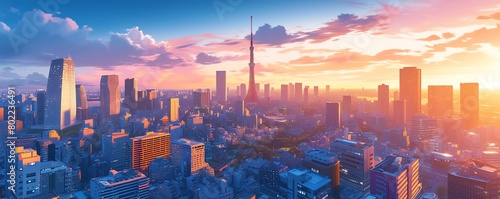 Capture a dynamic CG 3D city skyline at dusk, set against a vivid, multicolored sky, blending realism with futuristic elements #802236491