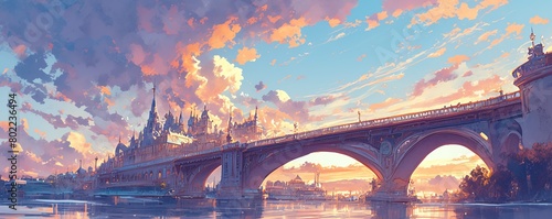 Capture a majestic bridge spanning the canvas in watercolor photo