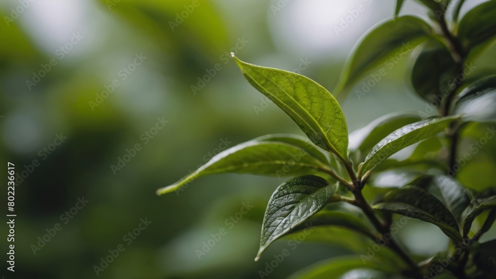 Green tea leaves at tea plantation in rays of sunset Green tea leaves at tea plantation in rays of sunset