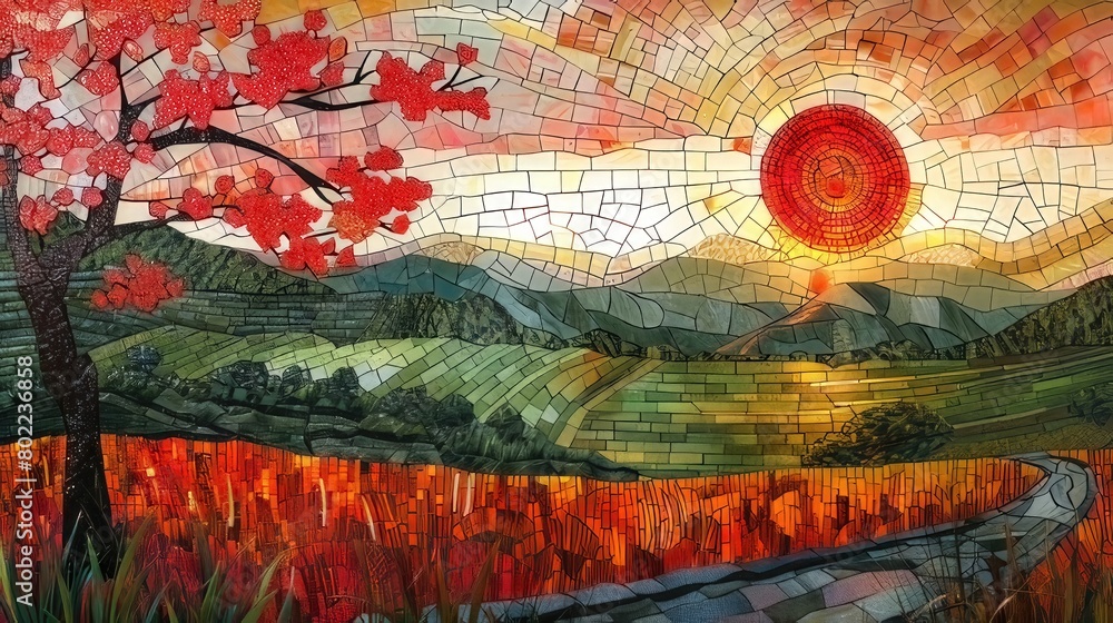 Fototapeta premium Chinese natural mosaic, rice fields, and stained glass illusion. 