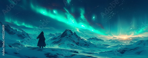 Capture the serene beauty of a lone figure gazing towards a mesmerizing Northern lights display over a snow-covered landscape Let the aurora borealis shimmer in vivid hues against