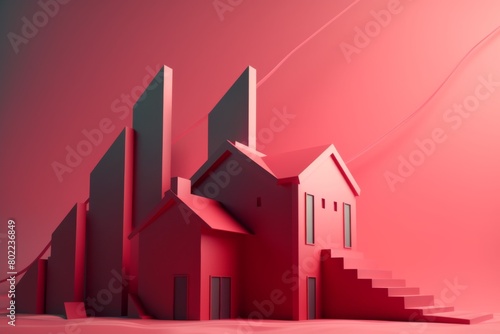 Soaring Housing Costs Visualized Through Escalating Pink Structures Against Times Gradient. Generative AI photo