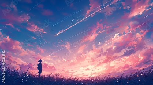 Capture the serene beauty of a solitary figure gazing at the mesmerizing hues of an evening sky