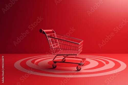 A vibrant red shopping cart stands against a bold red and white target background. Generative AI