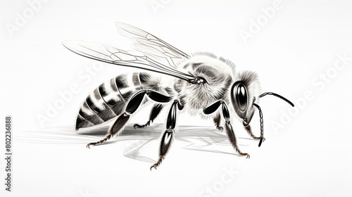 Detailed Vector Engraving Illustration of a Honey Bee on White Background - Perfect for Nature and Wildlife Concepts, Insect Pollination, and Vintage Design.