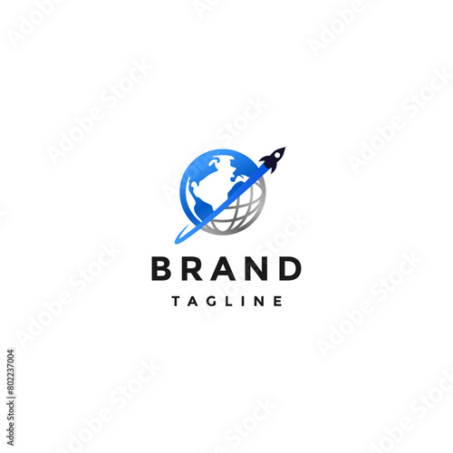 Rocket Around Globe Earth Logo Design. Rocket Launches Between Globe Equator and Earth Logo Design.
