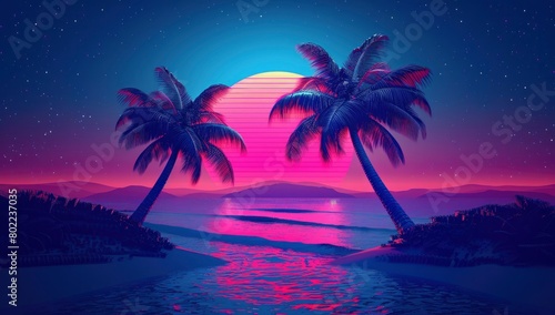 Palm trees with blue gradient background and purple sun setting. © People