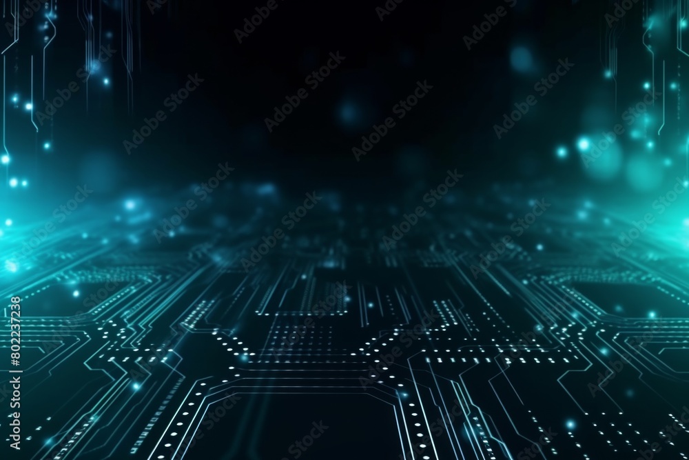 A computer circuit board illuminated by mesmerizing blue and green lights, creating a futuristic and cutting-edge display. Generative AI A computer circuit board illuminated by mesmerizing blue and green lights, creating a futuristic and cutting-edge display. Generative AI