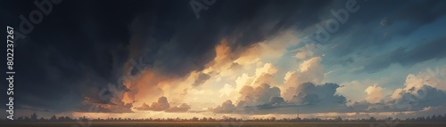 Craft a photorealistic scene of the minutes leading up to a powerful thunderstorm photo