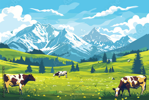 Mountain landscape with cow, Cows in the mountains, Vector illustration
