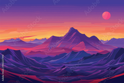 Beautiful desert sunset, Fiery Desert Sunset, Desert and mountains at sunset, Dawn above mountains, Vector illustration