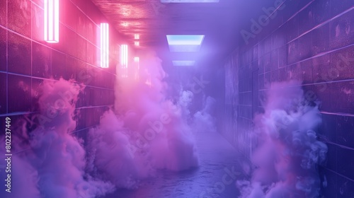 Futuristic corridor with neon lights and smoke photo