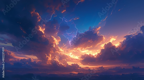 Design an intense side angle of a dramatic sky ablaze with electrifying lightning bolts photo