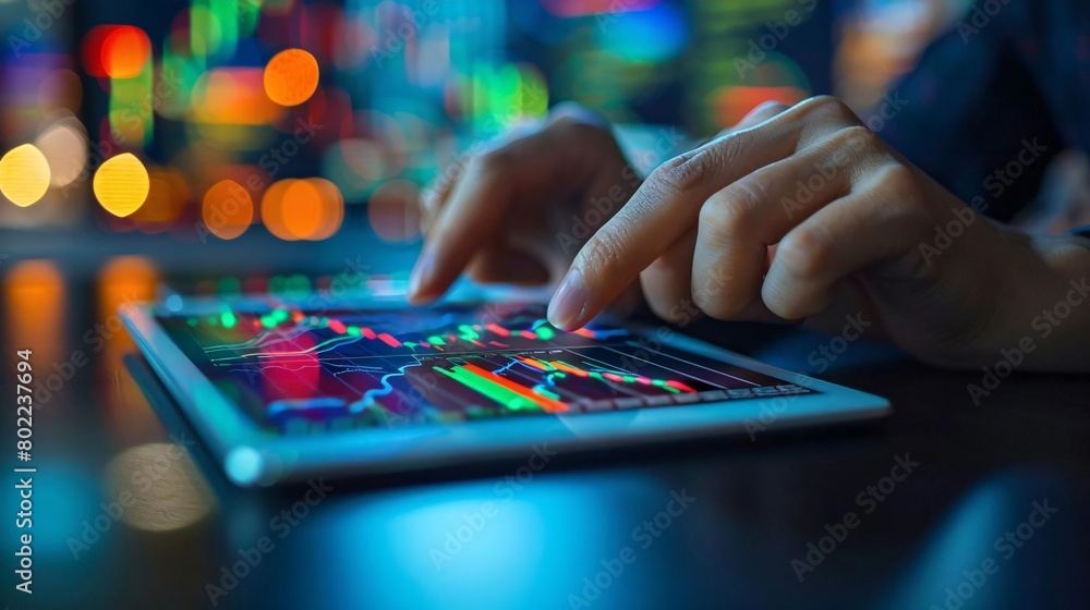 Fototapeta premium In-depth analysis of financial data on a tablet, with hands holding a stylus to interpret charts, reflecting a professional and data-driven approach to financial management.