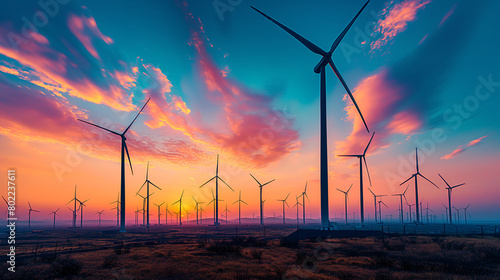 Wind turbines standing tall against a backdrop of an intensely orange and blue sunset sky depicting renewable energy