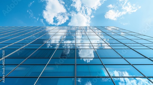 Fragment of the mirror wall of the building against the blue sky. office building covered with glass. Place for an inscription  advertising. Panorama