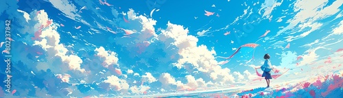 Illustrate a whimsical scene of a magical flying carpet gliding through a vibrant azure sky dotted with fluffy cotton candy-like clouds photo