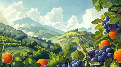 Illustrate a breathtaking landscape with rolling hills filled with an abundance of health-conscious fruits like succulent oranges and plump blueberries Utilize digital art techniques to create a photo photo