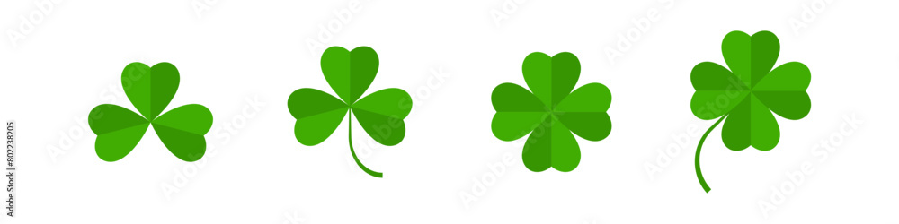 Flat shamrock icons set. Clover three and four leaves logo. Green floral symbol. Flat shamrock icons set. Clover three and four leaves logo. Green floral symbol.