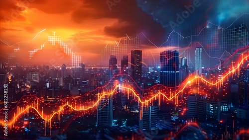 Cityscape overlaid with digital graphs illustrating a stock market crash. Concept Cityscape  Stock Market Crash  Digital Graphs  Economic Downfall  Financial Crisis