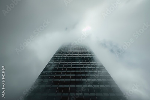 A tall building is seen through the fog.
