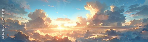 Produce a digital artwork capturing an aerial perspective of a vast expanse of fluffy clouds illuminated by the first light of dawn