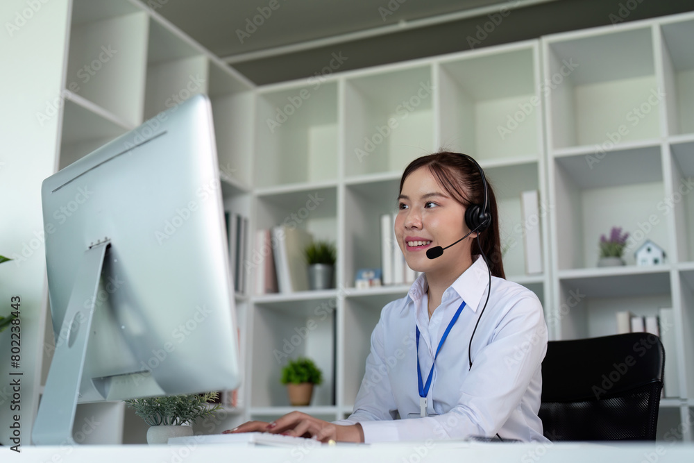 Call center woman asian in office for customer service, technical support and advice, contact and communication with employee operator in help desk agency Call center woman asian in office for customer service, technical support and advice, contact and communication with employee operator in help desk agency