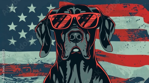 Great dane wearing red sunglasses with an american flag in the background. tshirt design concept