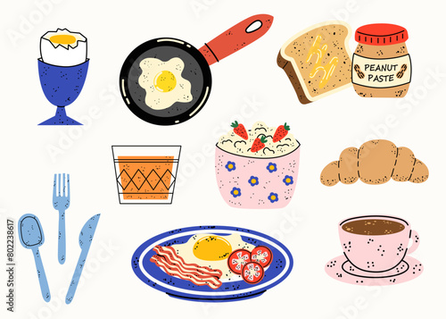 Set of with breakfast food. Collection of various food: eggs, peanut butter, croissant, cereal, coffee, orange juice, cutlery. Vector hand draw illustration for design  