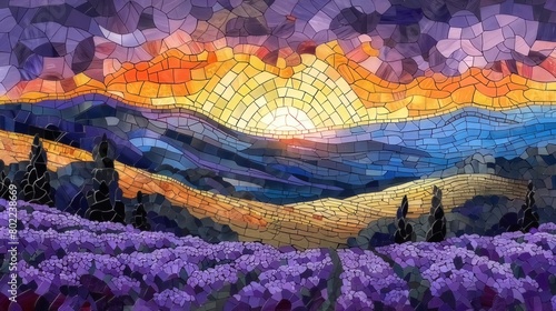 French countryside Mosaic, lavender field, Stained Glass Illusion 