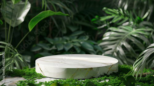 empty marble pedestal against green leafs