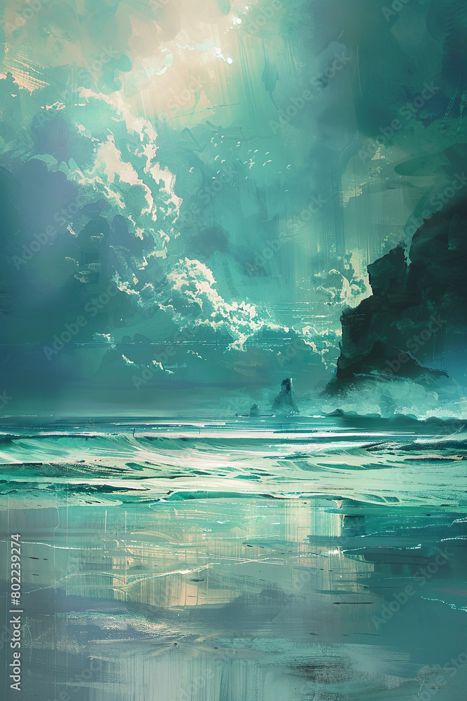 abstraktes Gemälde einer Landschaft mit Meer und Strand in türkis und blau, dramatische Stimmung mit Wolken, Regen und Gewitter, Hintergrund für Krimi oder Thriller	