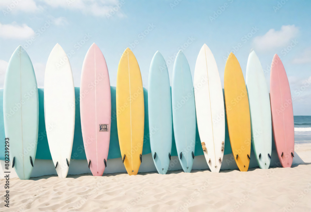 Relaxing by the Sea: Colorful Surfboards Resting on Sandy Shoreline, ai generated Relaxing by the Sea: Colorful Surfboards Resting on Sandy Shoreline, ai generated