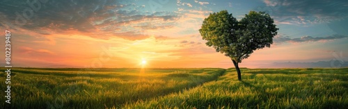 Romantic Sunset View of Heart-Shaped Tree on Green Field  Symbolizing Love and Affection