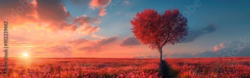 Romantic Sunset View of Heart-Shaped Tree on Green Field, Symbolizing Love and Affection