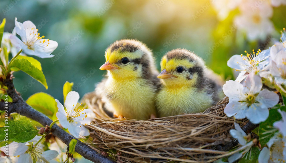 Baby bird in the nest on a flowering branch Baby bird in the nest on a flowering branch