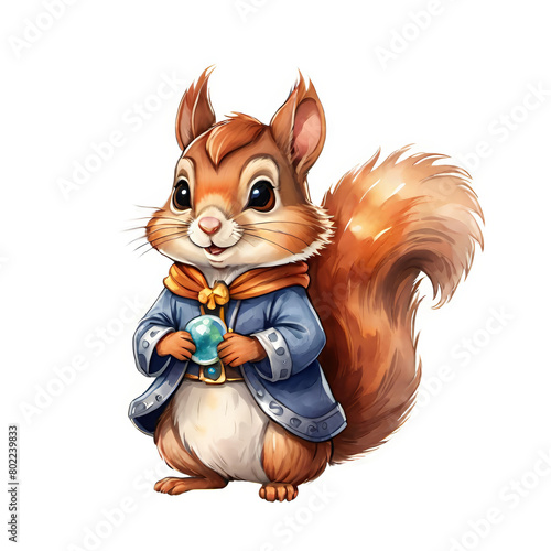 A charming cartoon squirrel stands upright, sporting a smart blue jacket with a golden button, and delicately holds an acorn in its small paws. With its large