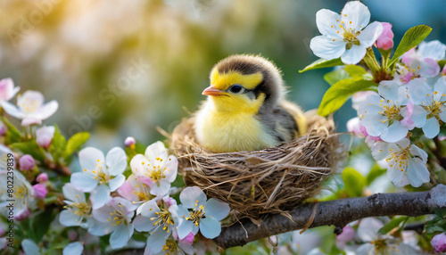 Baby bird in the nest on a flowering branch