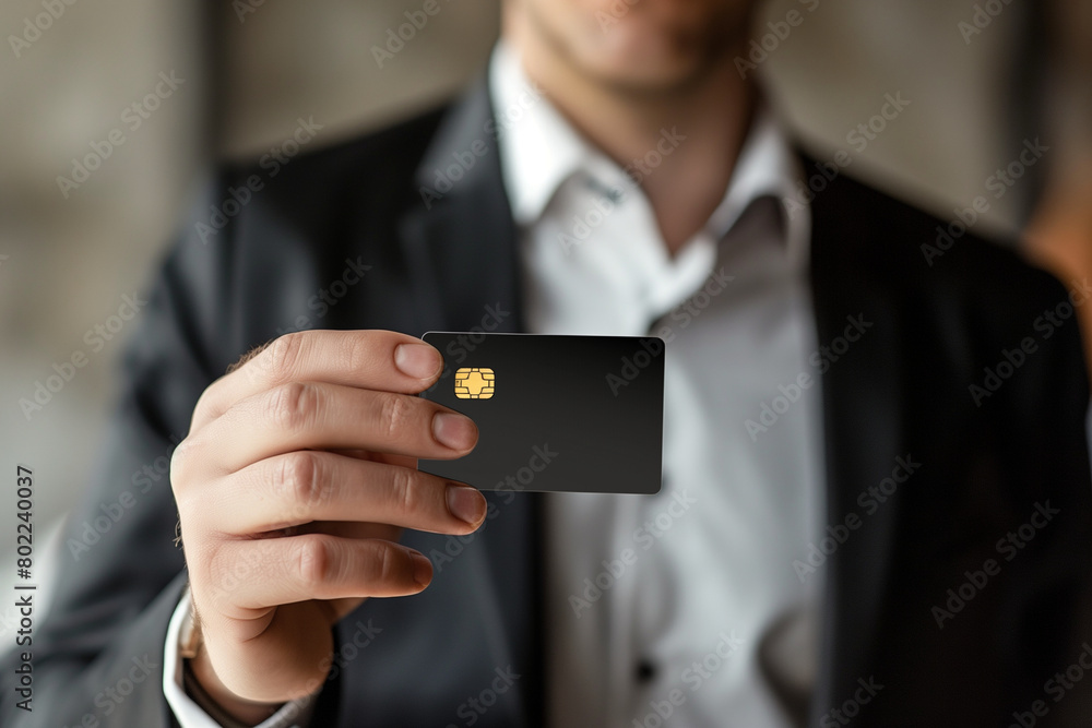 A man with a credit card in his hand A man with a credit card in his hand